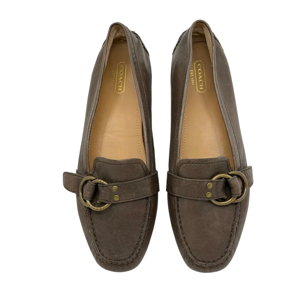 Coach‎ Avril Brown Leather Driving Loafers Brass Buckle Flats Womens Slip On 9B